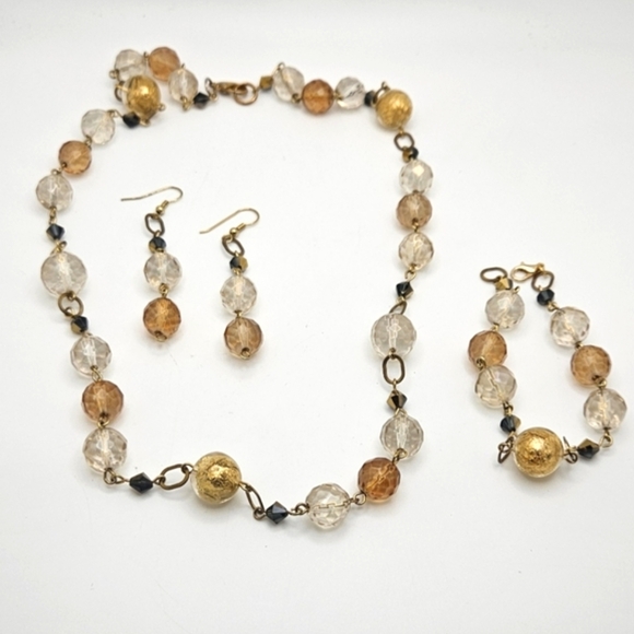 3 Piece Glass Gold Flakes Crystal Bead Set Necklace Earrings Bracelet Boho - Picture 2 of 7